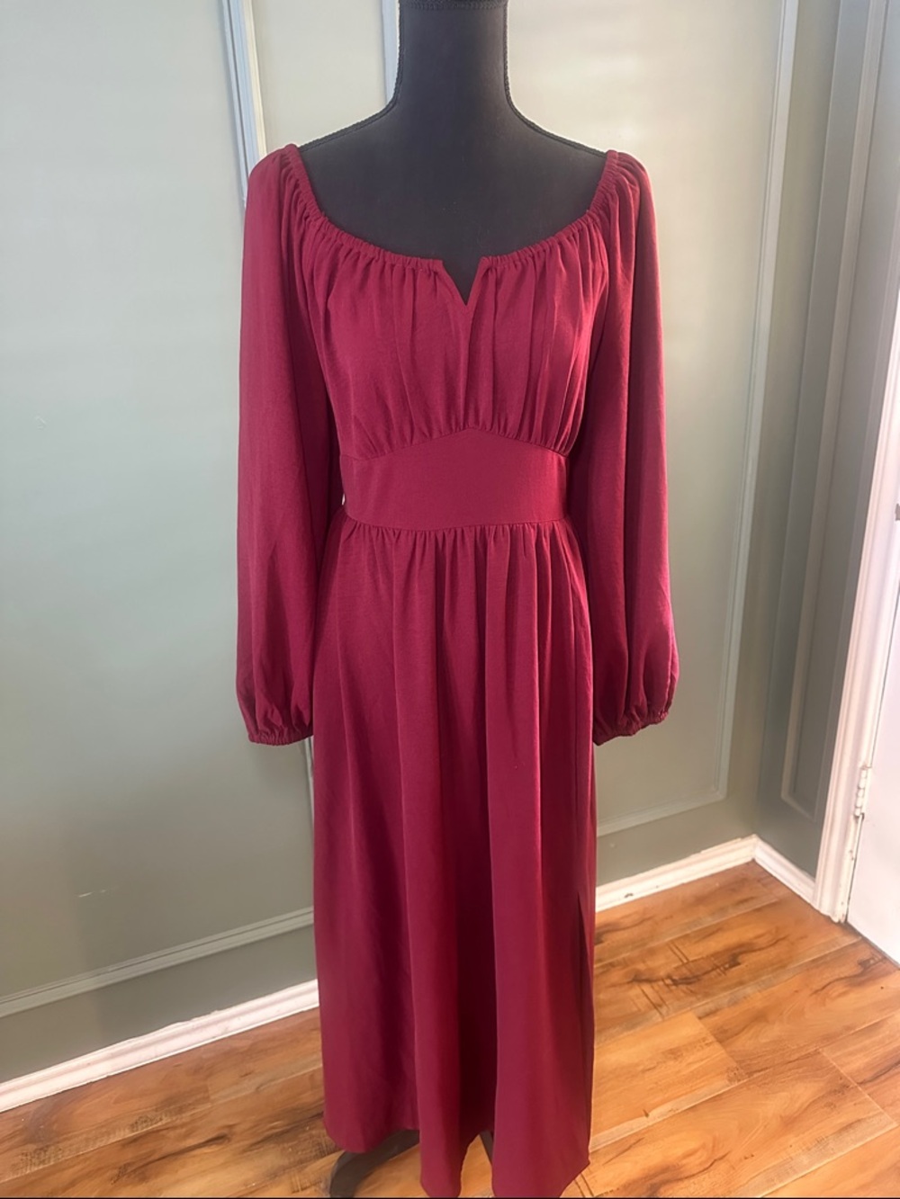 Long Sleeve Burgundy Midi Dress with Smocked Waist